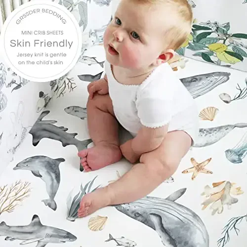GRSSDER Stretchy Super Soft Jersey Knit Fitted Pack n Play Sheets Set 2 Pack,Portable/Mini Crib Sheets Snug and Safe,Beautiful Marine Organism for Boys and Girls - 5