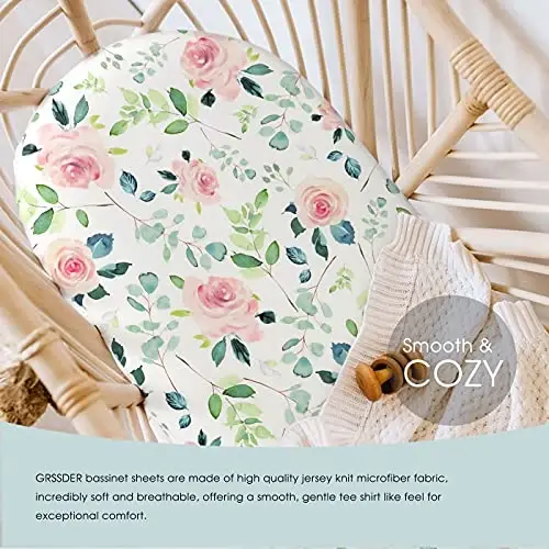 GRSSDER Stretchy Ultra Soft Baby Fitted Bassinet Sheet Set 2 Pack, Universal Cradle for Rectangle, Oval, or Hourglass Pad/Mattress, Pink Rose Sheets Girls - 4