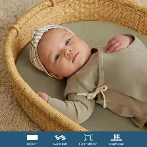 GRSSDER Stretchy Ultra Soft Fitted Bassinet Sheet 2 Pack, Universal Fit for Bassinets Baby Cradle Moses Basket Oval Rectangle Mattress Safe and Snug, Jersey Bassinet Sheets for Girls, Sage - 3