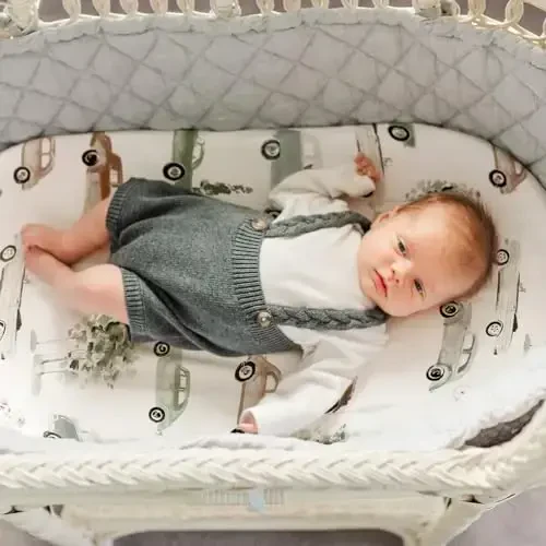 GRSSDER Stretchy Ultra Soft Fitted Bassinet Sheet Set 2 Pack, Universal Fit for Bassinets Baby Cradle Moses Basket Oval Rectangle Mattress Safe and Snug, Stylish Bassinet Sheets of Cars Print for Boys - 3