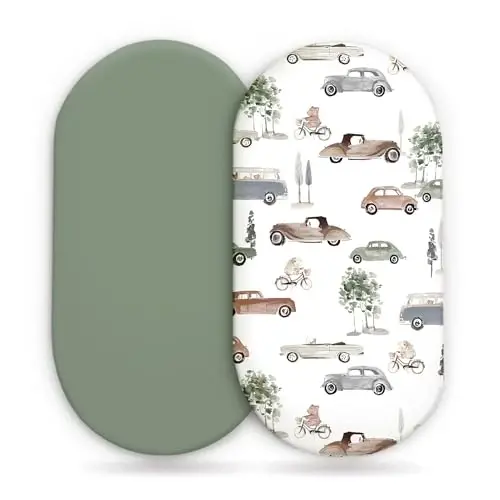 GRSSDER Stretchy Ultra Soft Fitted Bassinet Sheet Set 2 Pack, Universal Fit for Bassinets Baby Cradle Moses Basket Oval Rectangle Mattress Safe and Snug, Stylish Bassinet Sheets of Cars Print for Boys - 1