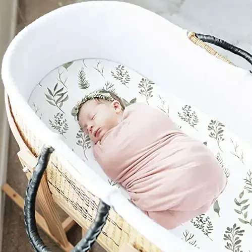 GRSSDER Stretchy Ultra Soft Fitted Bassinet Sheet Set 2 Pack, Universal Fit for Bassinets Baby Cradle Moses Basket Oval Rectangle Mattress, Watercolor Daisy Flowers Bassinet Sheets for Girls - 4