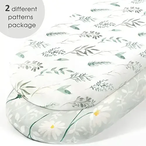 GRSSDER Stretchy Ultra Soft Fitted Bassinet Sheet Set 2 Pack, Universal Fit for Bassinets Baby Cradle Moses Basket Oval Rectangle Mattress, Watercolor Daisy Flowers Bassinet Sheets for Girls - 2