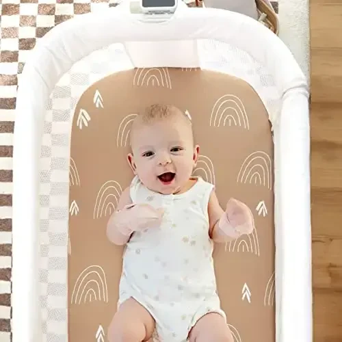 GRSSDER Stretchy Ultra Soft Fitted Bassinet Sheet Set 3 Pack, Universal Fit for Bassinets Baby Cradle Moses Basket Oval Rectangle Mattress Safe and Snug, Jungle Bear/Rainbow for Baby - 5