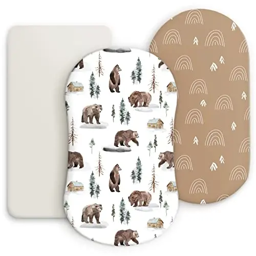 GRSSDER Stretchy Ultra Soft Fitted Bassinet Sheet Set 3 Pack, Universal Fit for Bassinets Baby Cradle Moses Basket Oval Rectangle Mattress Safe and Snug, Jungle Bear/Rainbow for Baby 