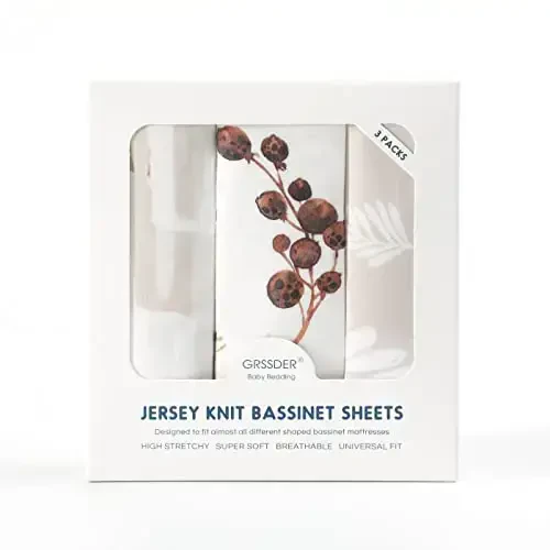 GRSSDER Stretchy Ultra Soft Fitted Bassinet Sheet Set 3 Pack, Universal Fit for Bassinets Baby Cradle Moses Basket Oval Rectangle Mattress Safe and Snug, Stylish Pretty Flora for Baby, Beige - 4