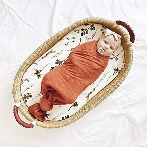 GRSSDER Stretchy Ultra Soft Fitted Bassinet Sheet Set 3 Pack, Universal Fit for Bassinets Baby Cradle Moses Basket Oval Rectangle Mattress Safe and Snug, Stylish Pretty Flora for Baby, Beige - 5