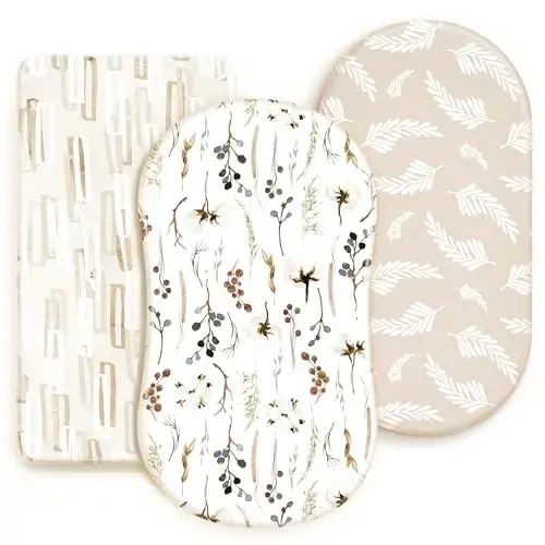 GRSSDER Stretchy Ultra Soft Fitted Bassinet Sheet Set 3 Pack, Universal Fit for Bassinets Baby Cradle Moses Basket Oval Rectangle Mattress Safe and Snug, Stylish Pretty Flora for Baby, Beige - 1