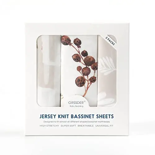 GRSSDER Stretchy Ultra Soft Fitted Bassinet Sheet Set 3 Pack, Universal Fit for Bassinets Baby Cradle Moses Basket Oval Rectangle Mattress Safe and Snug, Stylish Pretty Flora for Baby, Beige - 4