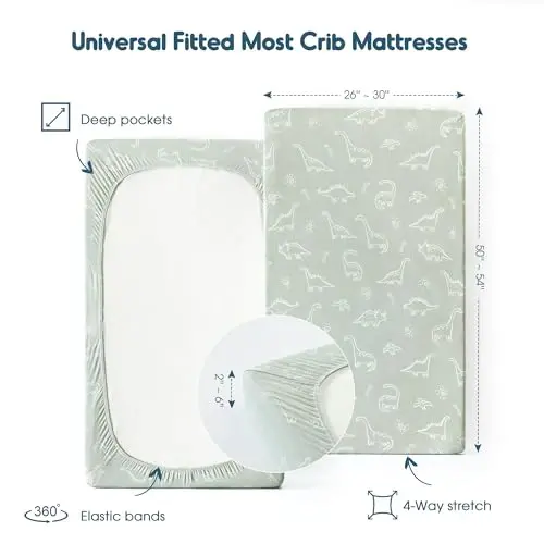 GRSSDER Stretch Ultra Soft Jersey Knit Fitted Crib Sheets Set 2 Pack，Fit All Standard Crib Mattress Pads Safe and Snug, Crib Fitted Sheet for Baby, Dinosaur - GRSSDER (1)