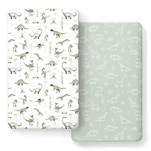 GRSSDER Stretch Ultra Soft Jersey Knit Fitted Crib Sheets Set 2 Pack，Fit All Standard Crib Mattress Pads Safe and Snug, Crib Fitted Sheet for Baby, Dinosaur - 3