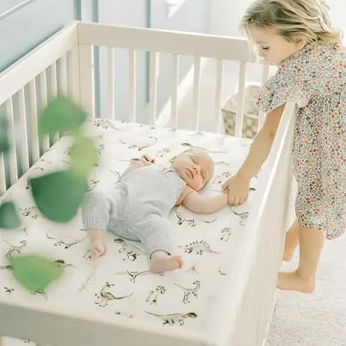 GRSSDER Stretch Ultra Soft Jersey Knit Fitted Crib Sheets Set 2 Pack，Fit All Standard Crib Mattress Pads Safe and Snug, Crib Fitted Sheet for Baby, Dinosaur - GRSSDER