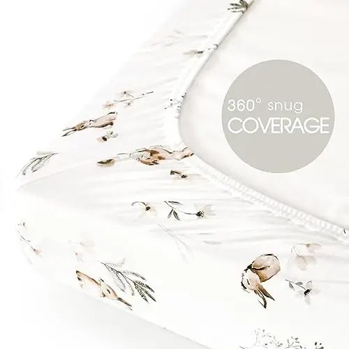 GRSSDER Stretch Ultra Soft Jersey Knit Fitted Pack n Play Sheets Set 2 Pack, Portable/Mini Crib Sheets for Boys and Girls, Stylish Watercolor Rabbit Pattern - 6