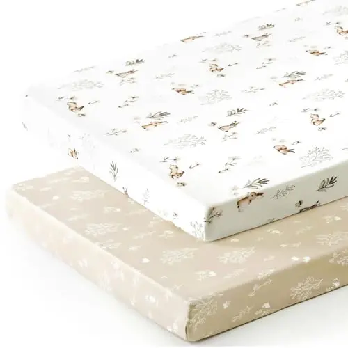 GRSSDER Stretch Ultra Soft Jersey Knit Fitted Pack n Play Sheets Set 2 Pack, Portable/Mini Crib Sheets for Boys and Girls, Stylish Watercolor Rabbit Pattern - 2