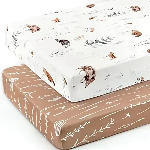 GRSSDER Stretch Ultra Soft Jersey Knit Fitted Crib Sheets Set 2 Pack，Fit All Standard Crib Mattress Pads Safe and Snug, Stylish Pattren of Jungle Animals - 2