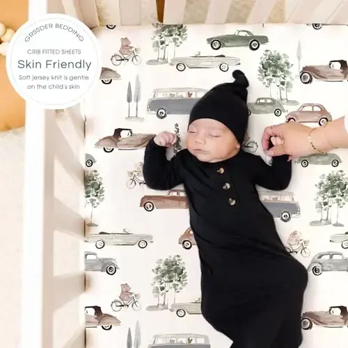 GRSSDER Stretchy Ultra Soft Jersey Knit Fitted Crib Sheets Set 2 Pack, Universal Fitted All Standard Crib Mattress Pads Safe and Snug, Crib Fitted Sheet for Baby, Neutral Pattern of Cartoon Cars Print - 3
