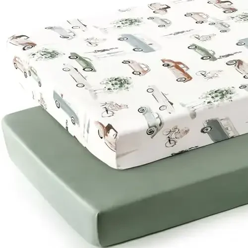 GRSSDER Stretchy Ultra Soft Jersey Knit Fitted Crib Sheets Set 2 Pack, Universal Fitted All Standard Crib Mattress Pads Safe and Snug, Crib Fitted Sheet for Baby, Neutral Pattern of Cartoon Cars Print - 2