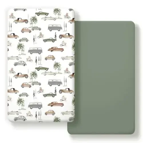 GRSSDER Stretchy Ultra Soft Jersey Knit Fitted Crib Sheets Set 2 Pack, Universal Fitted All Standard Crib Mattress Pads Safe and Snug, Crib Fitted Sheet for Baby, Neutral Pattern of Cartoon Cars Print 