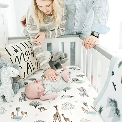 GRSSDER Stretch Ultra Soft Jersey Knit Fitted Crib Sheets Set 2 Pack，Fit All Standard Crib Mattress Pads Safe and Snug, Crib Fitted Sheet for Boys and Girls, Pretty African Savannah Animals Pattern - 3