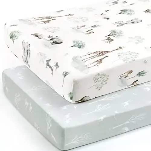 GRSSDER Stretch Ultra Soft Jersey Knit Fitted Crib Sheets Set 2 Pack，Fit All Standard Crib Mattress Pads Safe and Snug, Crib Fitted Sheet for Boys and Girls, Pretty African Savannah Animals Pattern - 2
