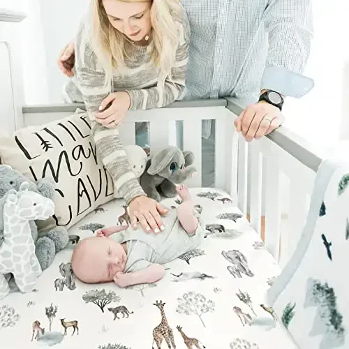 GRSSDER Stretch Ultra Soft Jersey Knit Fitted Crib Sheets Set 2 Pack，Fit All Standard Crib Mattress Pads Safe and Snug, Crib Fitted Sheet for Boys and Girls, Pretty African Savannah Animals Pattern - 3