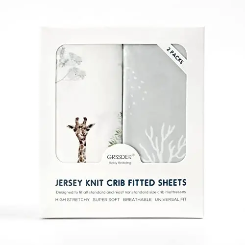 GRSSDER Stretch Ultra Soft Jersey Knit Fitted Crib Sheets Set 2 Pack，Fit All Standard Crib Mattress Pads Safe and Snug, Crib Fitted Sheet for Boys and Girls, Pretty African Savannah Animals Pattern - 4
