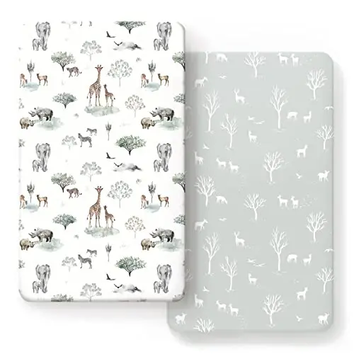 GRSSDER Stretch Ultra Soft Jersey Knit Fitted Crib Sheets Set 2 Pack，Fit All Standard Crib Mattress Pads Safe and Snug, Crib Fitted Sheet for Boys and Girls, Pretty African Savannah Animals Pattern - 1