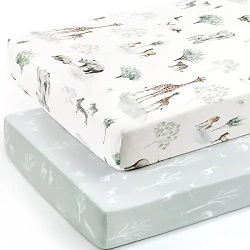 GRSSDER Stretch Ultra Soft Jersey Knit Fitted Crib Sheets Set 2 Pack，Fit All Standard Crib Mattress Pads Safe and Snug, Crib Fitted Sheet for Boys and Girls, Pretty African Savannah Animals Pattern - GRSSDER (1)