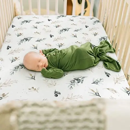GRSSDER Stretchy Ultra Soft Jersey Knit Fitted Crib Sheets Set 2 Pack, Fits All Standard Crib Mattress Pads Safe and Snug, Stylish Botanical Olive for Baby - 2