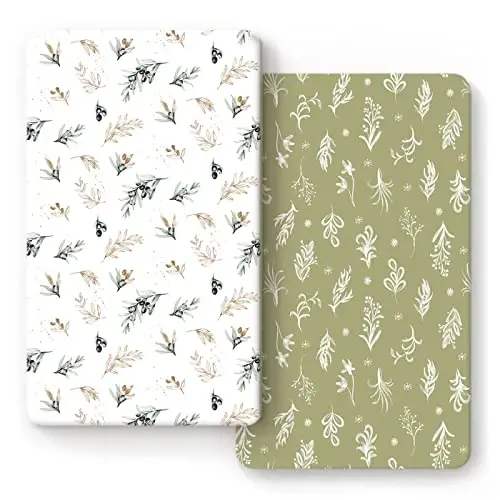 GRSSDER Stretchy Ultra Soft Jersey Knit Fitted Crib Sheets Set 2 Pack, Fits All Standard Crib Mattress Pads Safe and Snug, Stylish Botanical Olive for Baby - 1