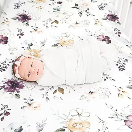 GRSSDER Stretchy Ultra Soft Jersey Knit Fitted Crib Sheets Set 2 Pack，Fits All Standard Crib Mattress Pads Safe and Snug, Pretty Purple Flora Botanical for Baby Girls - 2