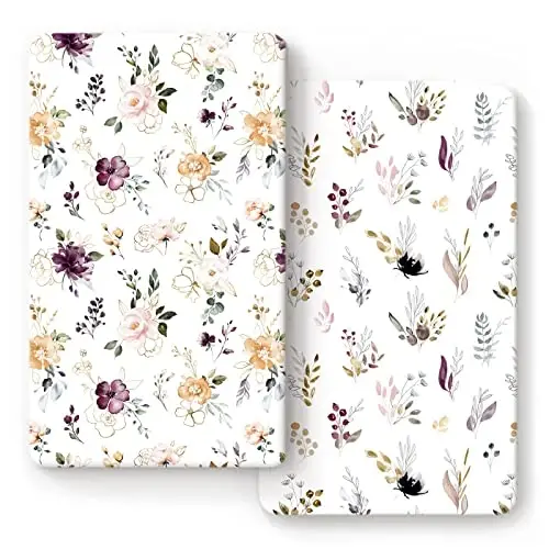 GRSSDER Stretchy Ultra Soft Jersey Knit Fitted Crib Sheets Set 2 Pack，Fits All Standard Crib Mattress Pads Safe and Snug, Pretty Purple Flora Botanical for Baby Girls 