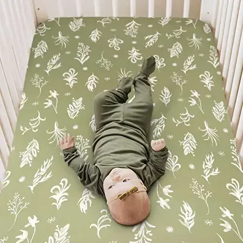 GRSSDER Stretchy Ultra Soft Jersey Knit Fitted Crib Sheets Set 2 Pack, Fits All Standard Crib Mattress Pads Safe and Snug, Stylish Botanical Olive for Baby - 3