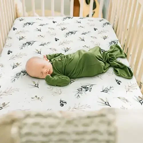 GRSSDER Stretchy Ultra Soft Jersey Knit Fitted Crib Sheets Set 2 Pack, Fits All Standard Crib Mattress Pads Safe and Snug, Stylish Botanical Olive for Baby - GRSSDER (1)
