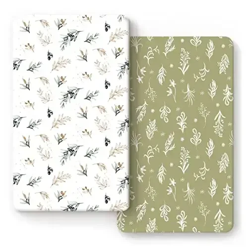 GRSSDER Stretchy Ultra Soft Jersey Knit Fitted Crib Sheets Set 2 Pack, Fits All Standard Crib Mattress Pads Safe and Snug, Stylish Botanical Olive for Baby - 1