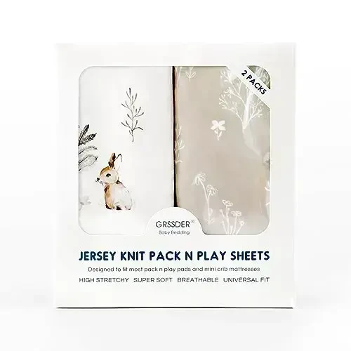 GRSSDER Stretch Ultra Soft Jersey Knit Fitted Pack n Play Sheets Set 2 Pack, Portable/Mini Crib Sheets for Boys and Girls, Stylish Watercolor Rabbit Pattern - 4