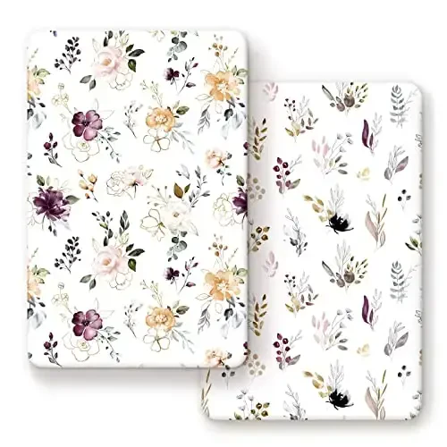 GRSSDER Stretchy Ultra Soft Jersey Knit Fitted Pack n Play Sheets Set 2 Pack,Fits Portable Playard/Mini Cribs Mattress Snug and Safe,Watercolor Purple Flora for Baby 