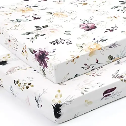 GRSSDER Stretchy Ultra Soft Jersey Knit Fitted Pack n Play Sheets Set 2 Pack,Fits Portable Playard/Mini Cribs Mattress Snug and Safe,Watercolor Purple Flora for Baby - 2