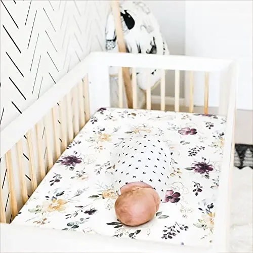 GRSSDER Stretchy Ultra Soft Jersey Knit Fitted Pack n Play Sheets Set 2 Pack,Fits Portable Playard/Mini Cribs Mattress Snug and Safe,Watercolor Purple Flora for Baby - 3