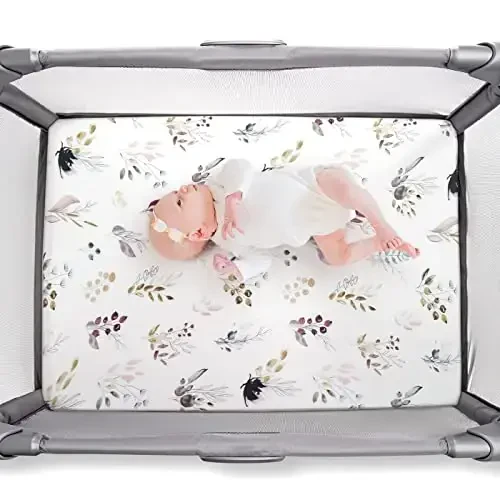 GRSSDER Stretchy Ultra Soft Jersey Knit Fitted Pack n Play Sheets Set 2 Pack,Fits Portable Playard/Mini Cribs Mattress Snug and Safe,Watercolor Purple Flora for Baby - 5