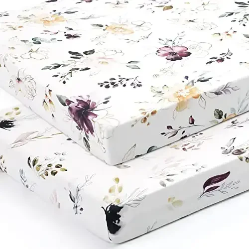 GRSSDER Stretchy Ultra Soft Jersey Knit Fitted Pack n Play Sheets Set 2 Pack,Fits Portable Playard/Mini Cribs Mattress Snug and Safe,Watercolor Purple Flora for Baby - GRSSDER (1)