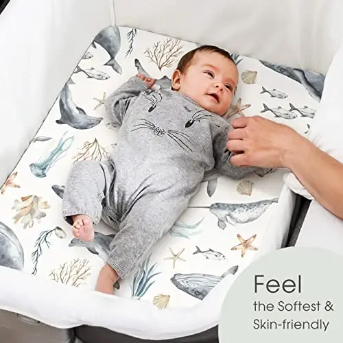 GRSSDER Stretchy Ultra Soft Fitted Bassinet Sheets Set 2 Pack, Cradle Sheet Universal Fit for Rectangle, Oval, or Hourglass Bassinet Pad/Mattress Safe and Snug, Stylish Cute Whale Sea Worl for Baby - 4