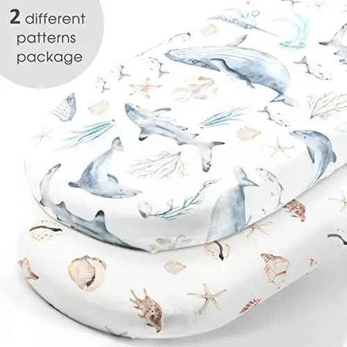 GRSSDER Stretchy Ultra Soft Fitted Bassinet Sheets Set 2 Pack, Cradle Sheet Universal Fit for Rectangle, Oval, or Hourglass Bassinet Pad/Mattress Safe and Snug, Stylish Cute Whale Sea Worl for Baby - GRSSDER (1)