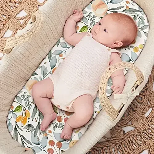 GRSSDER Stretchy Ultra Soft Fitted Bassinet Sheet Set 2 Pack for Girls Universal Fit for Baby Cradle Moses Basket Oval Rectangle Mattress, Watercolor Flowers and Fruits - 6