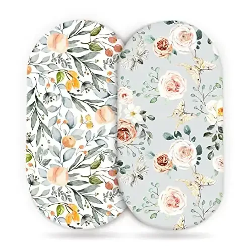GRSSDER Stretchy Ultra Soft Fitted Bassinet Sheet Set 2 Pack for Girls Universal Fit for Baby Cradle Moses Basket Oval Rectangle Mattress, Watercolor Flowers and Fruits - 1