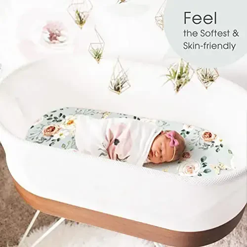GRSSDER Stretchy Ultra Soft Fitted Bassinet Sheet Set 2 Pack for Girls Universal Fit for Baby Cradle Moses Basket Oval Rectangle Mattress, Watercolor Flowers and Fruits - 4