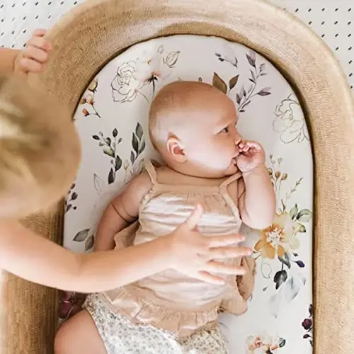 GRSSDER Stretchy Ultra Soft Fitted Bassinet Sheet Set 2 Pack, Universal Fit for Bassinets Baby Cradle Moses Basket Oval Rectangle Mattress, Watercolor Pretty Purple Flora for Girls - 4