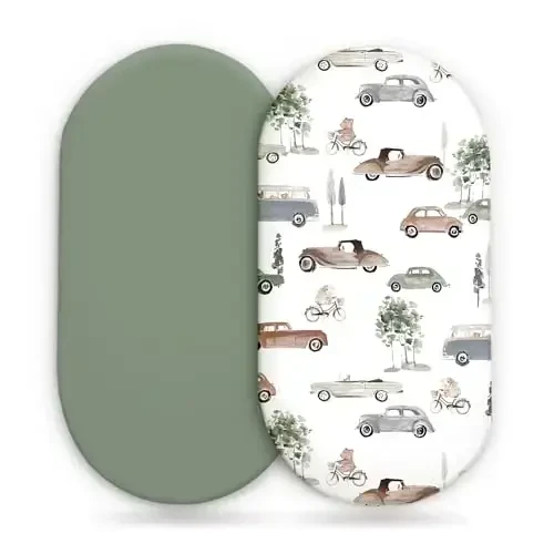 GRSSDER Stretchy Ultra Soft Fitted Bassinet Sheet Set 2 Pack, Universal Fit for Bassinets Baby Cradle Moses Basket Oval Rectangle Mattress Safe and Snug, Stylish Bassinet Sheets of Cars Print for Boys 