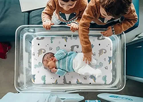 GRSSDER Esnek Ultra Yumuşak Lastikli Beşik Çarşafı Seti 2'li Paket, Beşikler Bebek Beşiği Musa Sepeti Oval Dikdörtgen Ped/Şilte için Evrensel Uyum, Kız ve Erkek Çocuklar için Mutlu Dinozorlar Beşik Çarşafları - 3