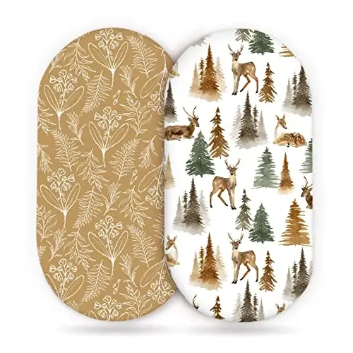 GRSSDER Stretchy Ultra Soft Fitted Bassinet Sheet Set 2 Pack, Universal Fit for Bassinets Baby Cradle Moses Basket Oval Rectangle Mattress, Stylish Jungle Deer Bassinet Sheets for Girls and Boys - GRSSDER
